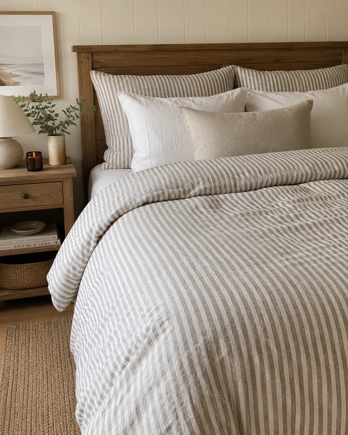 Olive  Stripe Luxe Linen Quilt Cover Set
